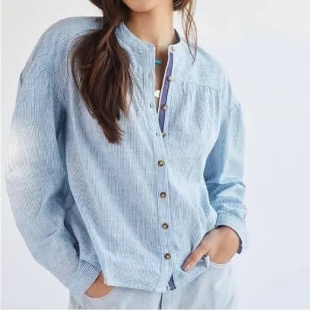 Pilcro Anthropologie Blue White Stripe Mandarin Collar Cotton Blouse SP